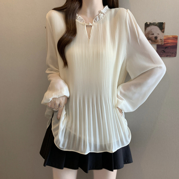 Bluza din chiffon cu guler rotund, mătase Mulberry 70–80% și spandex 20–30%, mâneci lungi