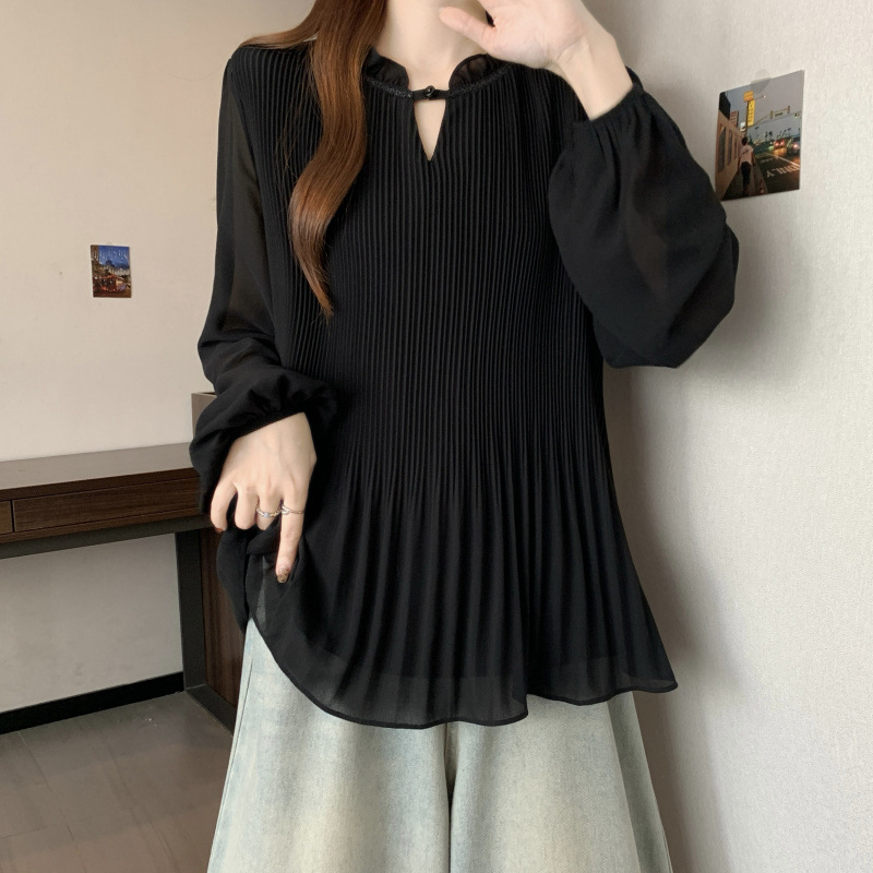 Bluza din chiffon cu guler rotund, mătase Mulberry 70–80% și spandex 20–30%, mâneci lungi