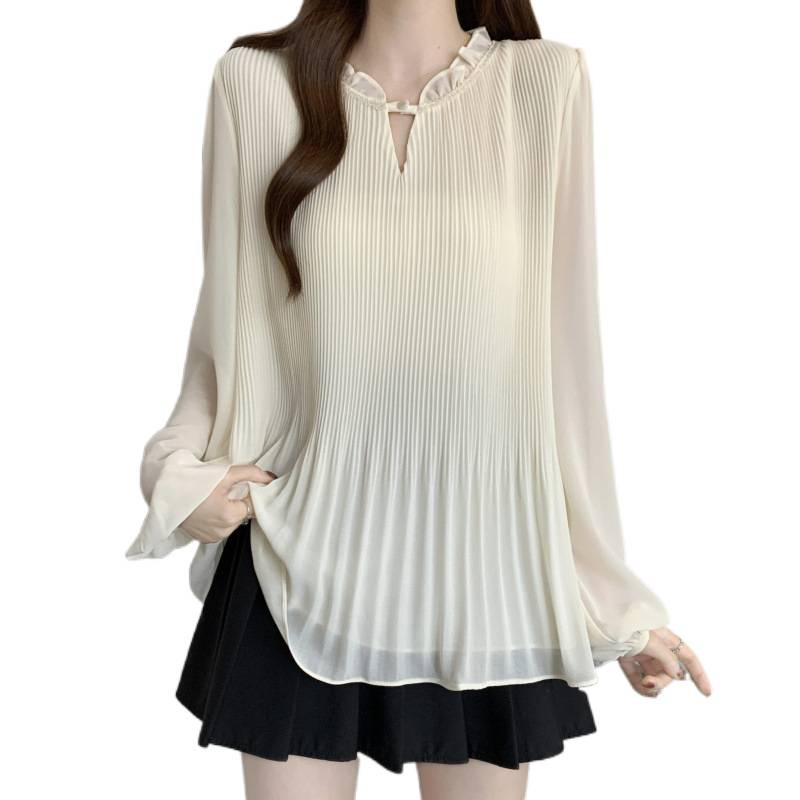 Bluza din chiffon cu guler rotund, mătase Mulberry 70–80% și spandex 20–30%, mâneci lungi