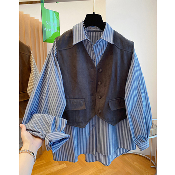 Dvodijelni set košulja s prugastim ili kariranim uzorkom, pamuk-poliester tkanina, Cape stil za gradski stil, dugi rukavi, izuzetno kratka duljina (≤40 cm)