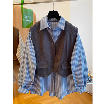 Dvodijelni set košulja s prugastim ili kariranim uzorkom, pamuk-poliester tkanina, Cape stil za gradski stil, dugi rukavi, izuzetno kratka duljina (≤40 cm)