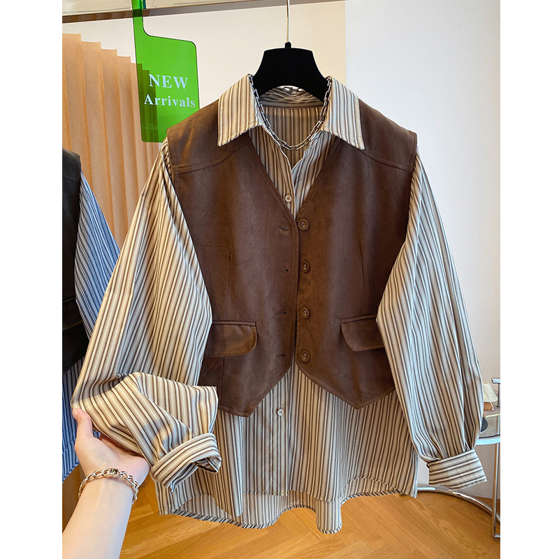 Dvodijelni set košulja s prugastim ili kariranim uzorkom, pamuk-poliester tkanina, Cape stil za gradski stil, dugi rukavi, izuzetno kratka duljina (≤40 cm)