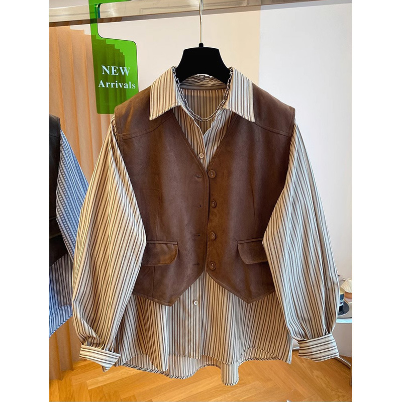 Dvodijelni set košulja s prugastim ili kariranim uzorkom, pamuk-poliester tkanina, Cape stil za gradski stil, dugi rukavi, izuzetno kratka duljina (≤40 cm)