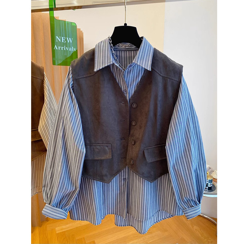 Dvodijelni set košulja s prugastim ili kariranim uzorkom, pamuk-poliester tkanina, Cape stil za gradski stil, dugi rukavi, izuzetno kratka duljina (≤40 cm)