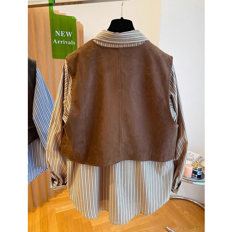 Dvodijelni set košulja s prugastim ili kariranim uzorkom, pamuk-poliester tkanina, Cape stil za gradski stil, dugi rukavi, izuzetno kratka duljina (≤40 cm)