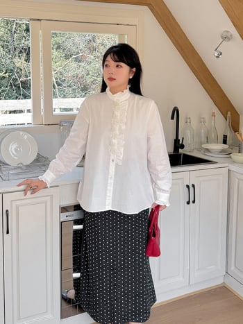 Bluza de damă din bumbac cu elastan, guler stil stand, mâneci petale, stil cardigan, culoare solidă, primăvara 2025