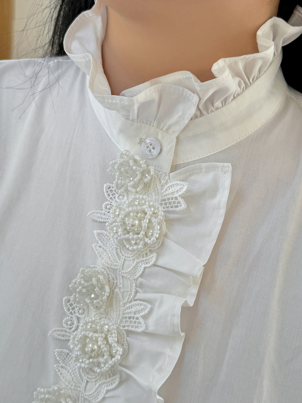 Bluza de damă din bumbac cu elastan, guler stil stand, mâneci petale, stil cardigan, culoare solidă, primăvara 2025