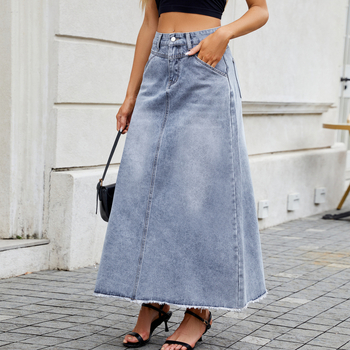 Fustă denim midi cu talie înaltă, buzunare, croială lejeră, stil street hipster