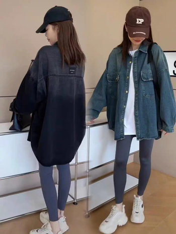 Denim košulja jakna, oversize, duge rukave, polo ovratnik, pješčano pranje, srednja duljina