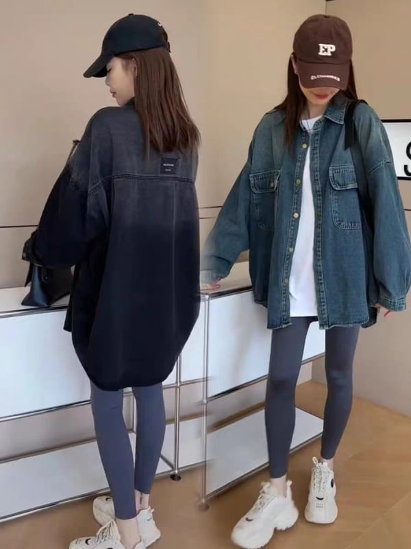 Denim košulja jakna, oversize, duge rukave, polo ovratnik, pješčano pranje, srednja duljina