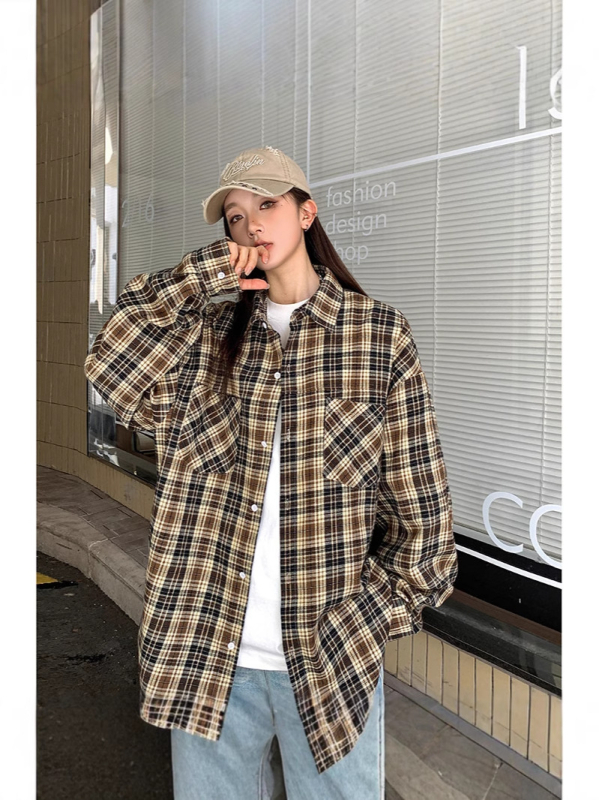 Harajuku stil karirana košulja, duge rukave, rever, pamuk, široki kroj