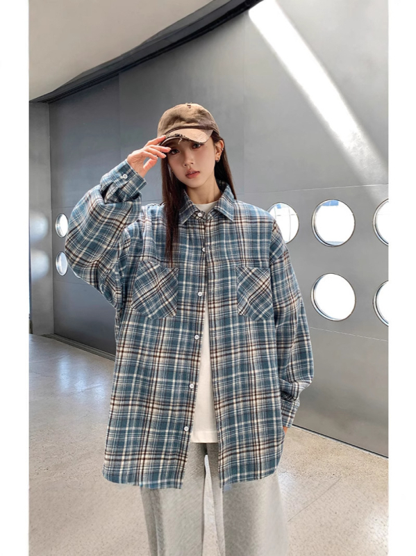 Harajuku stil karirana košulja, duge rukave, rever, pamuk, široki kroj