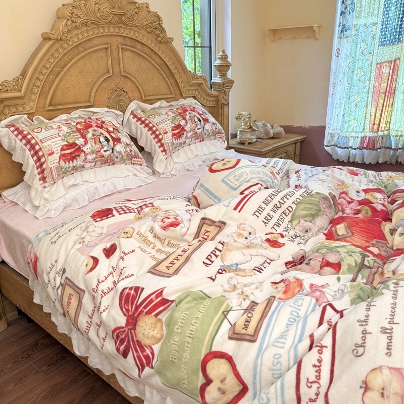 Tej velvet ágynemű készlet Cartoon mintával, digitális nyomtatás, 1500–2000 g, négy részes készlet, INS stílus