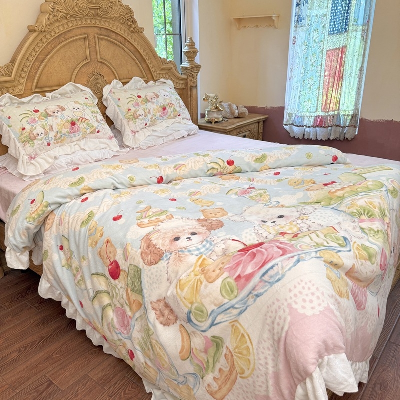 Tej velvet ágynemű készlet Cartoon mintával, digitális nyomtatás, 1500–2000 g, négy részes készlet, INS stílus