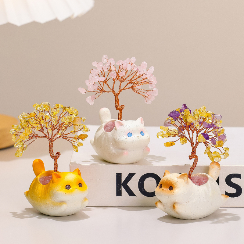 Кристално котешко дърво за пари — настолен декор за офис и дом