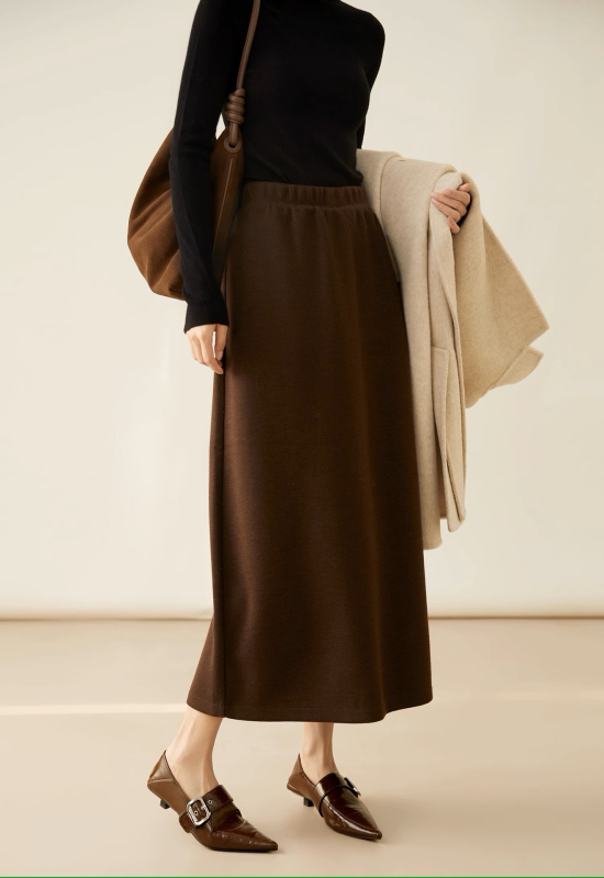 Fustă midi A-line, culoare solidă, din amestec lână-acetat, cu despicare în spate