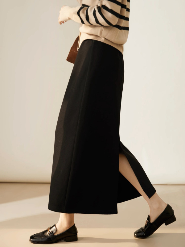 Fustă midi A-line, culoare solidă, din amestec lână-acetat, cu despicare în spate