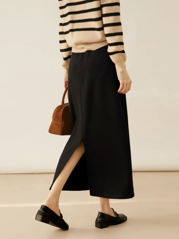 Fustă midi A-line, culoare solidă, din amestec lână-acetat, cu despicare în spate
