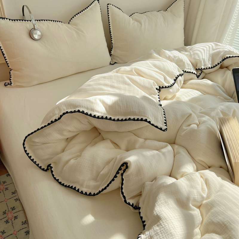 Чист памук – четиричленен комплект спално бельо със завивка, 60S плат, реактивен печат, квилтов дизайн, минималистичен стил