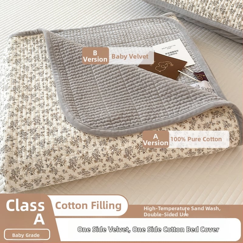 Cuvertură reversibilă pentru pat, set de trei piese — o parte din bumbac, cealaltă din catifea; țesătură 40s, vopsire reactiva, quiltare; spălare la temperatură înaltă