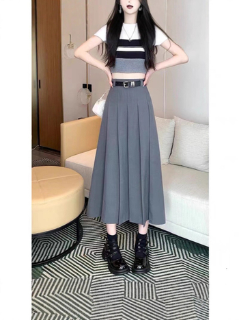Плисирана дълга пола от TR плат, висока талия, А-линия, 90–95% полиестер.