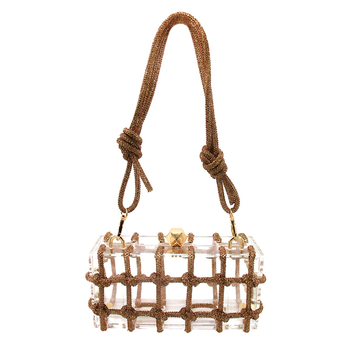 Акрилна кутия вечерна чанта с кристали, прозрачна, със заключване, вътрешни джобове за телефон и лична карта, без подплата, с една презрамка (Материал: акрил; Форма: кутия; Затваряне: заключване; Вътрешни джобове: телефон, лична карта; Подплата: без)}