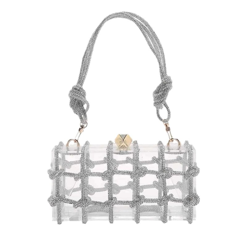 Акрилна кутия вечерна чанта с кристали, прозрачна, със заключване, вътрешни джобове за телефон и лична карта, без подплата, с една презрамка (Материал: акрил; Форма: кутия; Затваряне: заключване; Вътрешни джобове: телефон, лична карта; Подплата: без)}