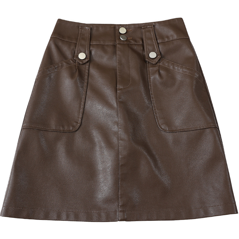 PU кожена A-line мини пола за дами, висока талия, джобове, есенно-зимна колекция 2025