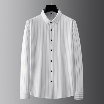 Мъжка риза с вертикални ивици, дълъг ръкав, свободна кройка, квадратно деколте, 76% найлонова смес