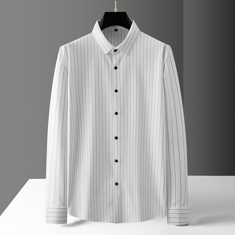 Мъжка риза с вертикални ивици, дълъг ръкав, свободна кройка, квадратно деколте, 76% найлонова смес