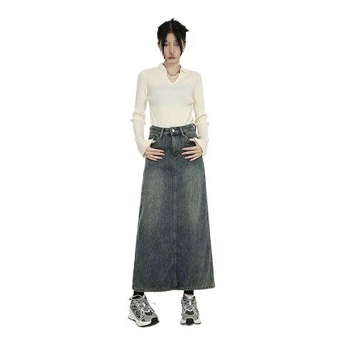 Дънкова пола с цепка и клеш, средна дължина, памучна смес, мерсеризирана, пролет 2025