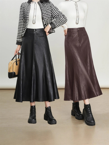 Кожена пола с А-образен силует, дълга, висока талия, едноцветен модел, есен 2025