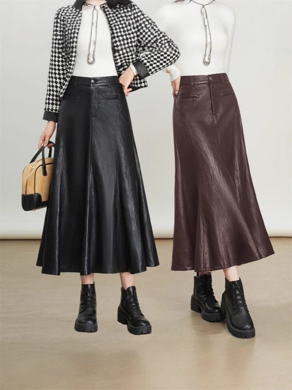 Кожена пола с А-образен силует, дълга, висока талия, едноцветен модел, есен 2025