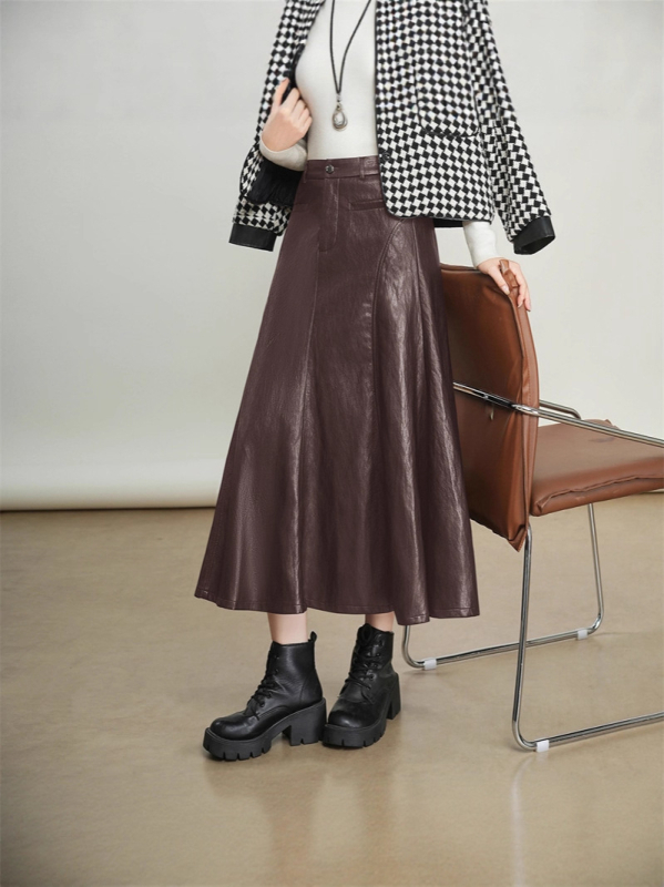 Кожена пола с А-образен силует, дълга, висока талия, едноцветен модел, есен 2025