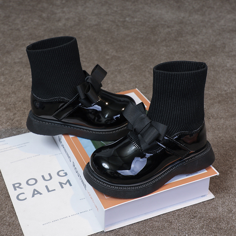 Botine pentru fete tip șosetă, toamnă-iarnă 2025 (Partea superioară: piele artificială; Talpa: cauciuc; Grosime: îngroșată; Înălțimea tubului: medie; Talpa interioară: textile)