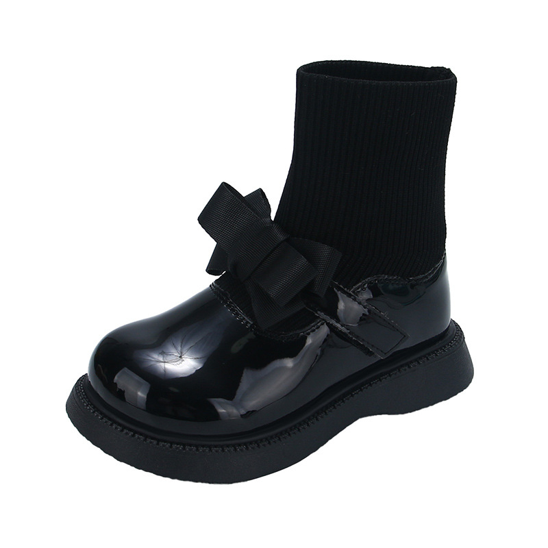 Botine pentru fete tip șosetă, toamnă-iarnă 2025 (Partea superioară: piele artificială; Talpa: cauciuc; Grosime: îngroșată; Înălțimea tubului: medie; Talpa interioară: textile)