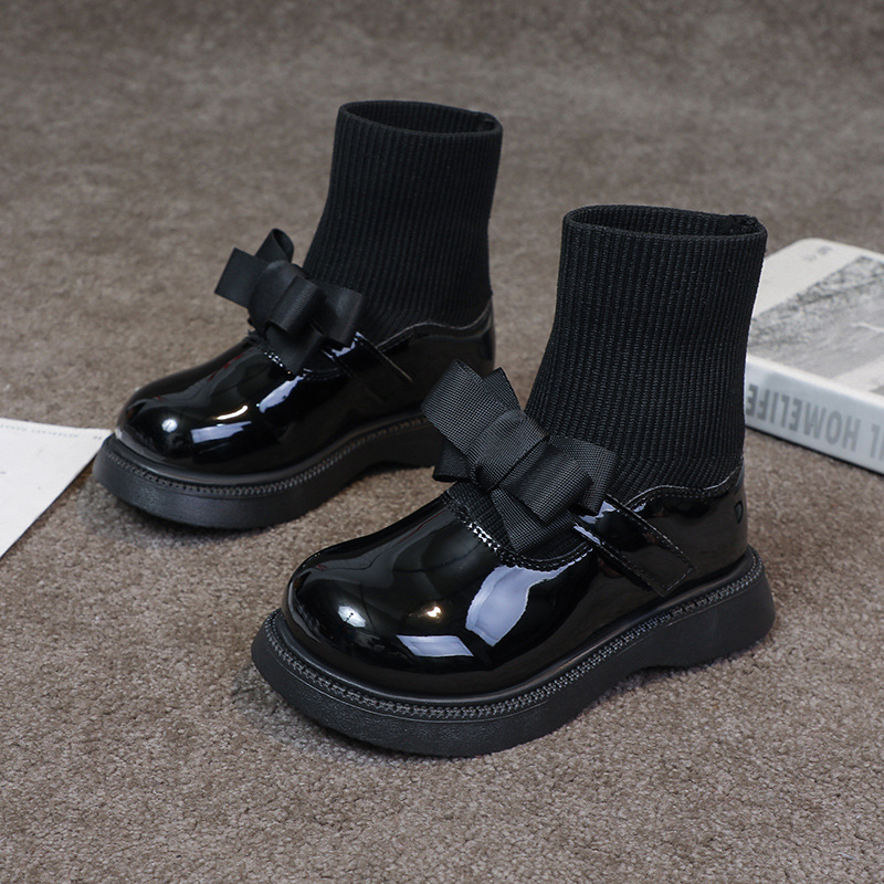 Botine pentru fete tip șosetă, toamnă-iarnă 2025 (Partea superioară: piele artificială; Talpa: cauciuc; Grosime: îngroșată; Înălțimea tubului: medie; Talpa interioară: textile)