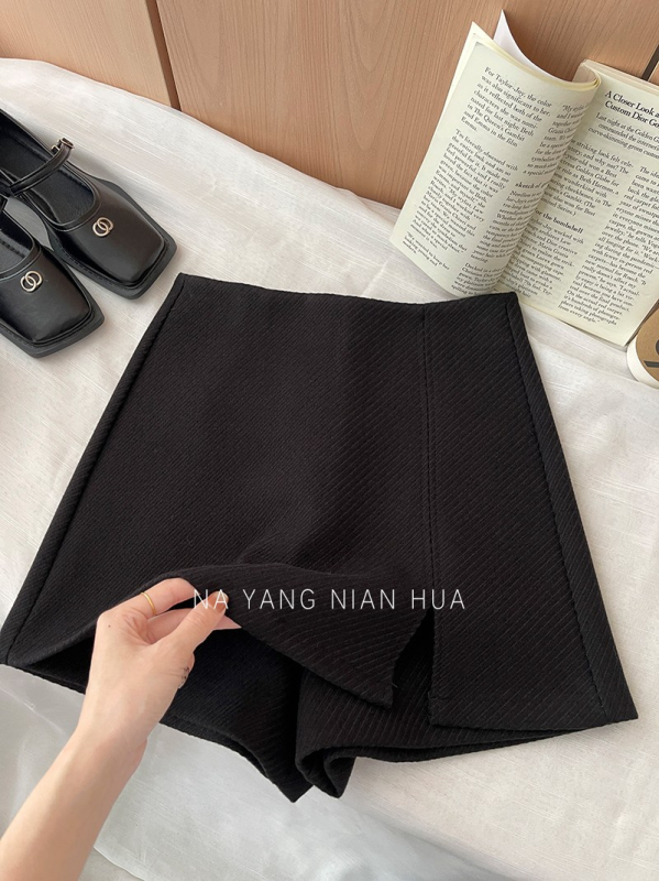 Xmhp ретро твил вълнена пола с странична цепка, А-линейна кройка, имитация на две части, зима 2025