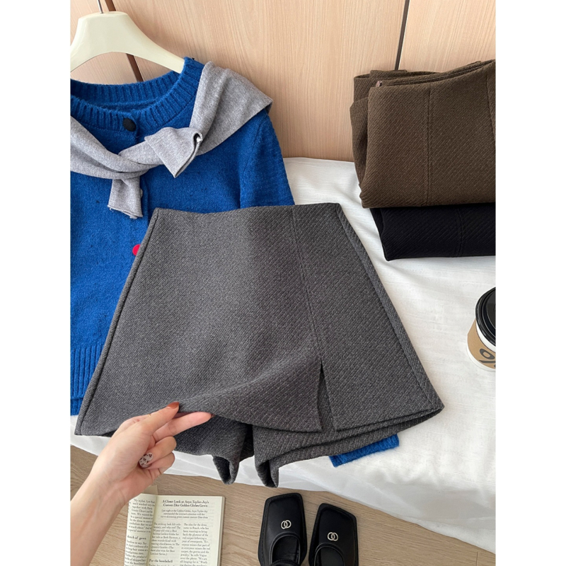 Xmhp ретро твил вълнена пола с странична цепка, А-линейна кройка, имитация на две части, зима 2025