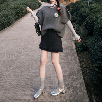 Вълнено-смесена A-линия миди пола за жени, висока талия, микроеластичност, есен 2025