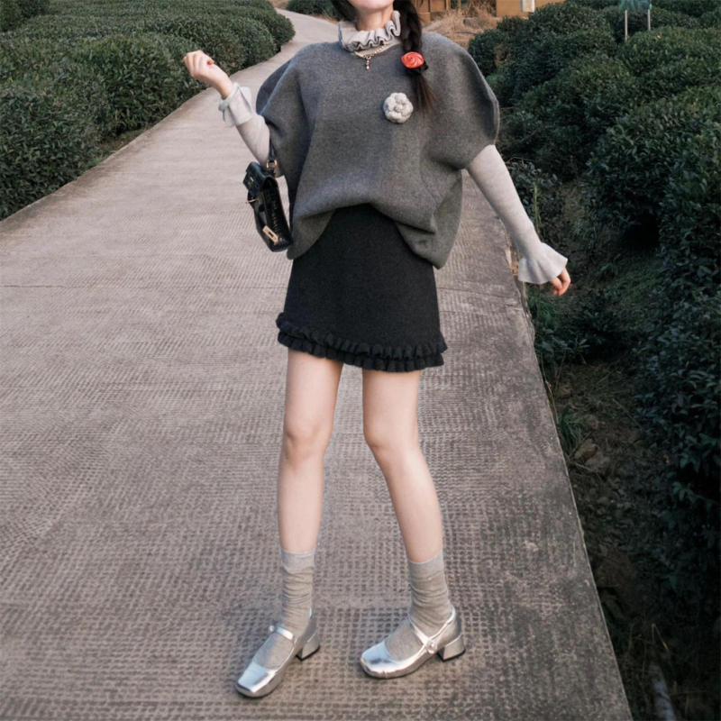 Вълнено-смесена A-линия миди пола за жени, висока талия, микроеластичност, есен 2025