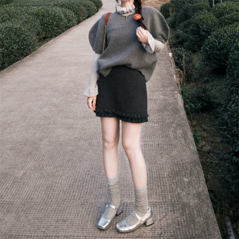 Вълнено-смесена A-линия миди пола за жени, висока талия, микроеластичност, есен 2025