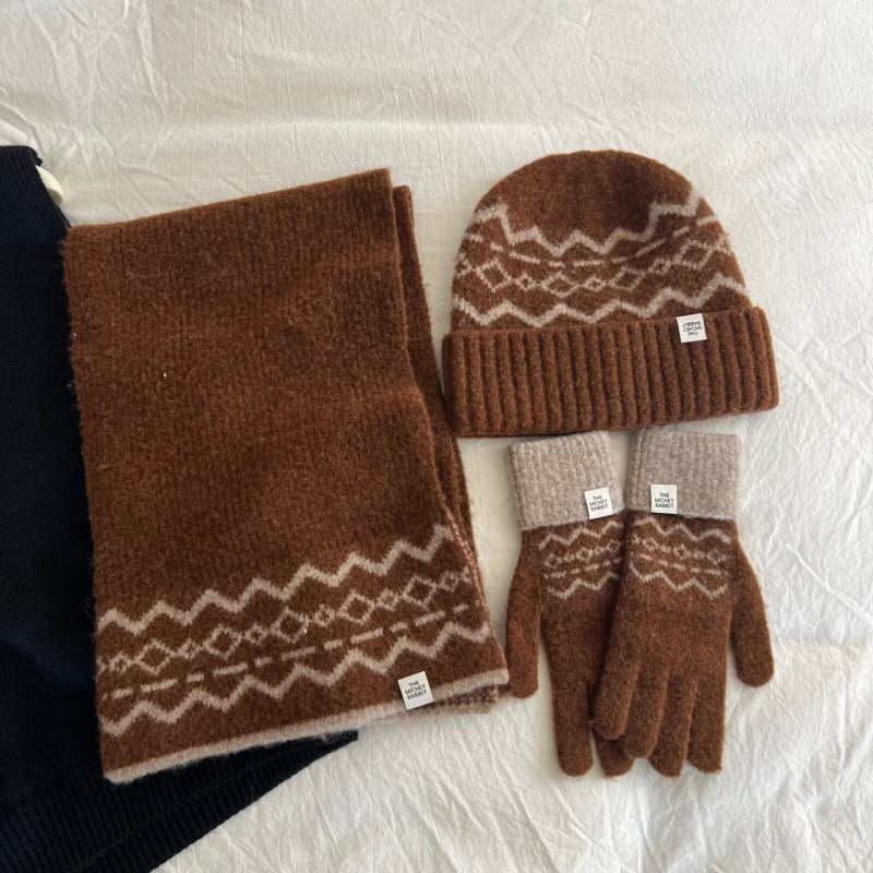 Troje pletene rukavice, šal i kapa — Fair Isle uzorak, warp knitting tehnika, debela toplina za jesen