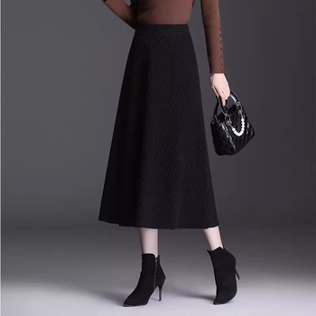 A-образна плетена пола до миди дължина, висока талия с ластик, плат смес найлон и полиестер (50-70% найлон, под 30% полиестер), микроеластична, елегантен стил за ежедневие