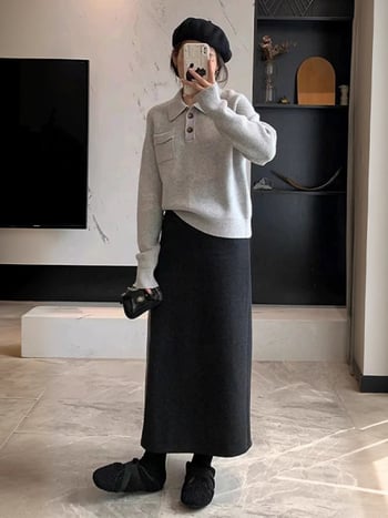 Duga ravna vunena suknja za zimu, mikro-elastična, pamuk-poliester mješavina, bez peglanja, casual japansko-korejski stil