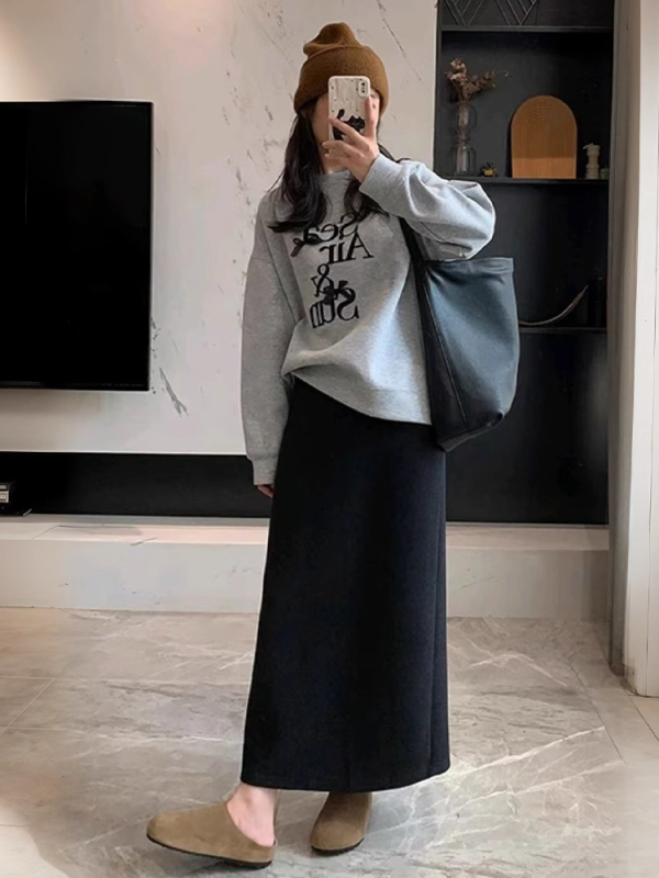 Duga ravna vunena suknja za zimu, mikro-elastična, pamuk-poliester mješavina, bez peglanja, casual japansko-korejski stil
