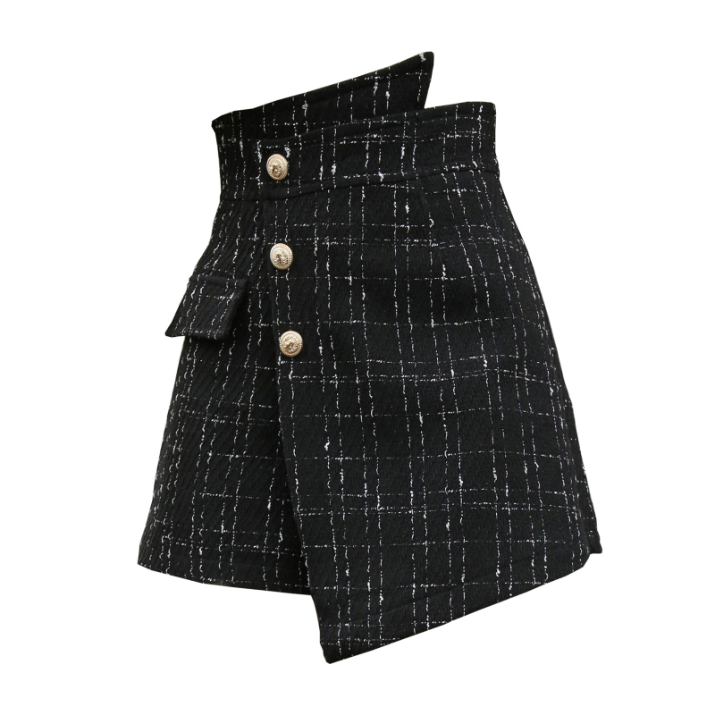 Tweed suknja kariranog uzorka, visokim strukom, nepravilan rub, kopčasti detalj, inspirirano korejskim stilom