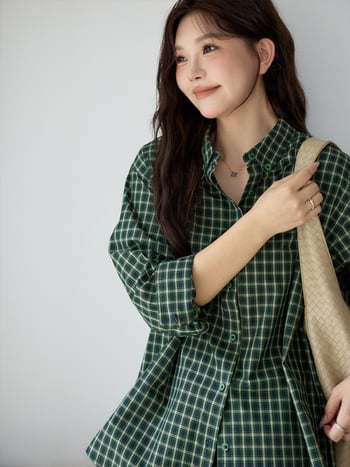 Cămașă damă în stil american retro cu carouri două nuanțe, guler Lapel, țesătură din bumbac yarn-dyed, mâneci lungi, croială lejeră