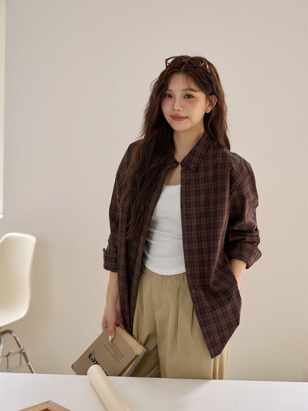 Cămașă damă în stil american retro cu carouri două nuanțe, guler Lapel, țesătură din bumbac yarn-dyed, mâneci lungi, croială lejeră