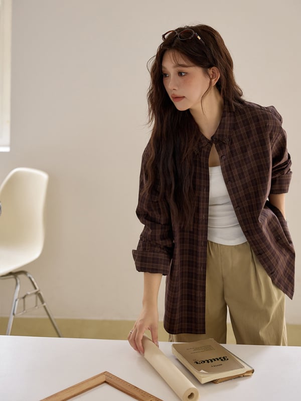 Cămașă damă în stil american retro cu carouri două nuanțe, guler Lapel, țesătură din bumbac yarn-dyed, mâneci lungi, croială lejeră